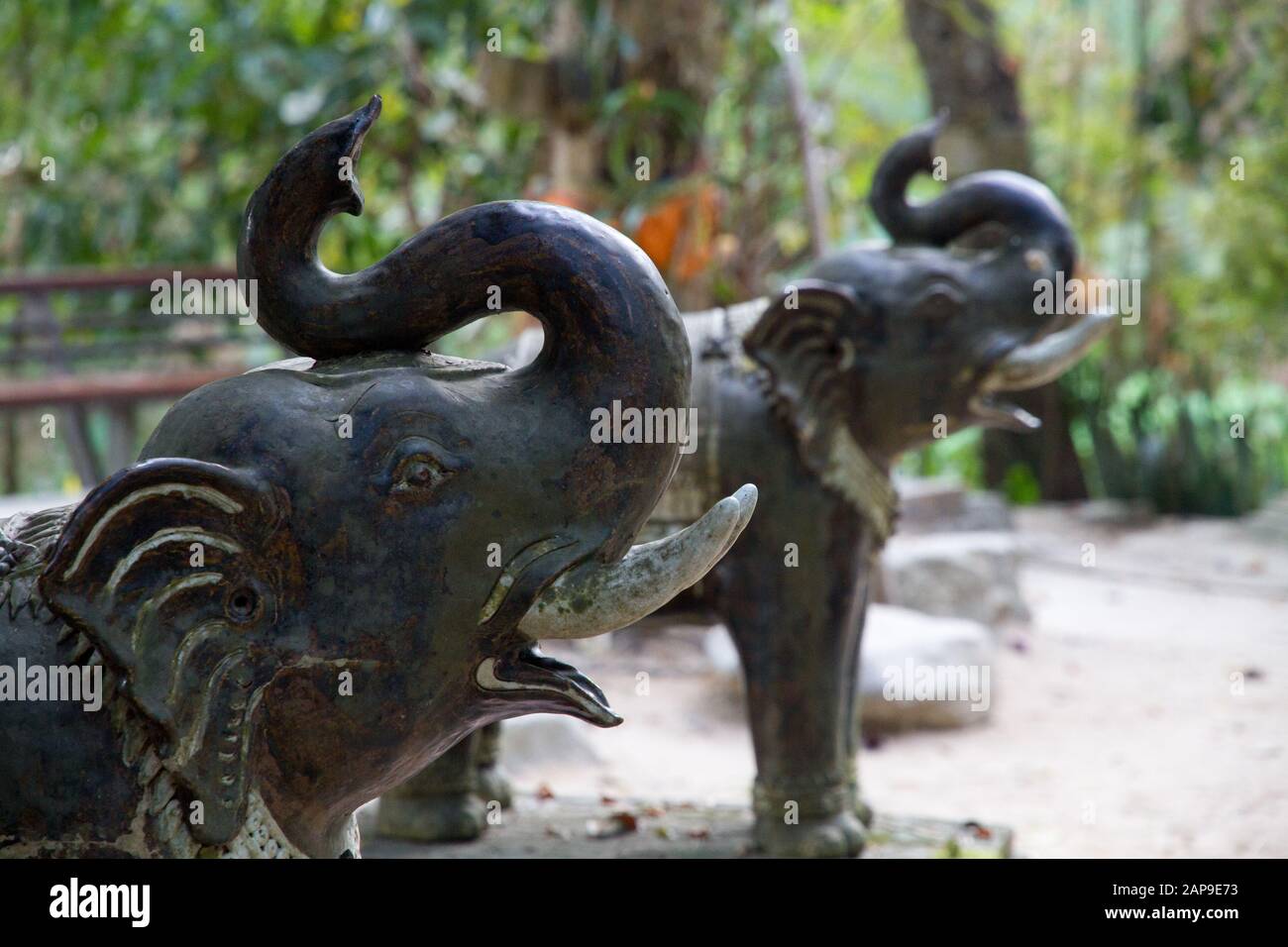 Thailand Elephants statues in Wat Phra Lat temple area  Temple, Stock Photo