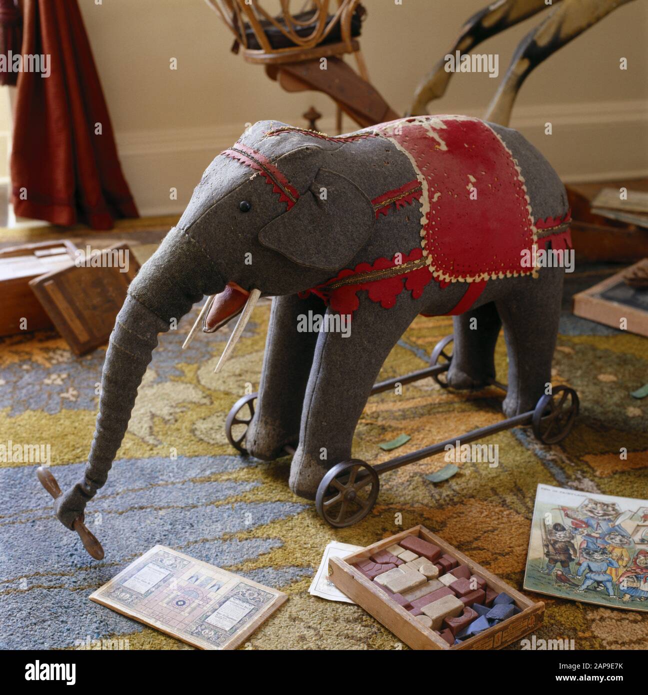 The Nursery at Berrington Hall showing some of the toys donated by local people, including the stuffed pullalong elephant, bricks and books. Stock Photo