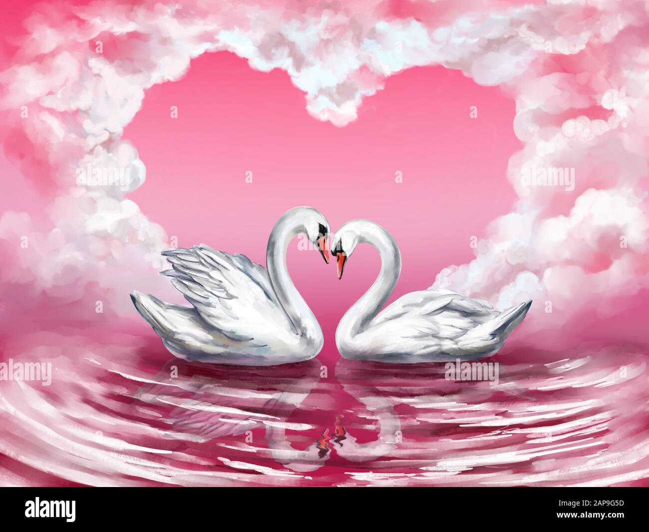 two white Swan birds on a pond together on the background of the sky with clouds in the shape of a heart, symbol of love, Valentine's day card, weddin Stock Photo