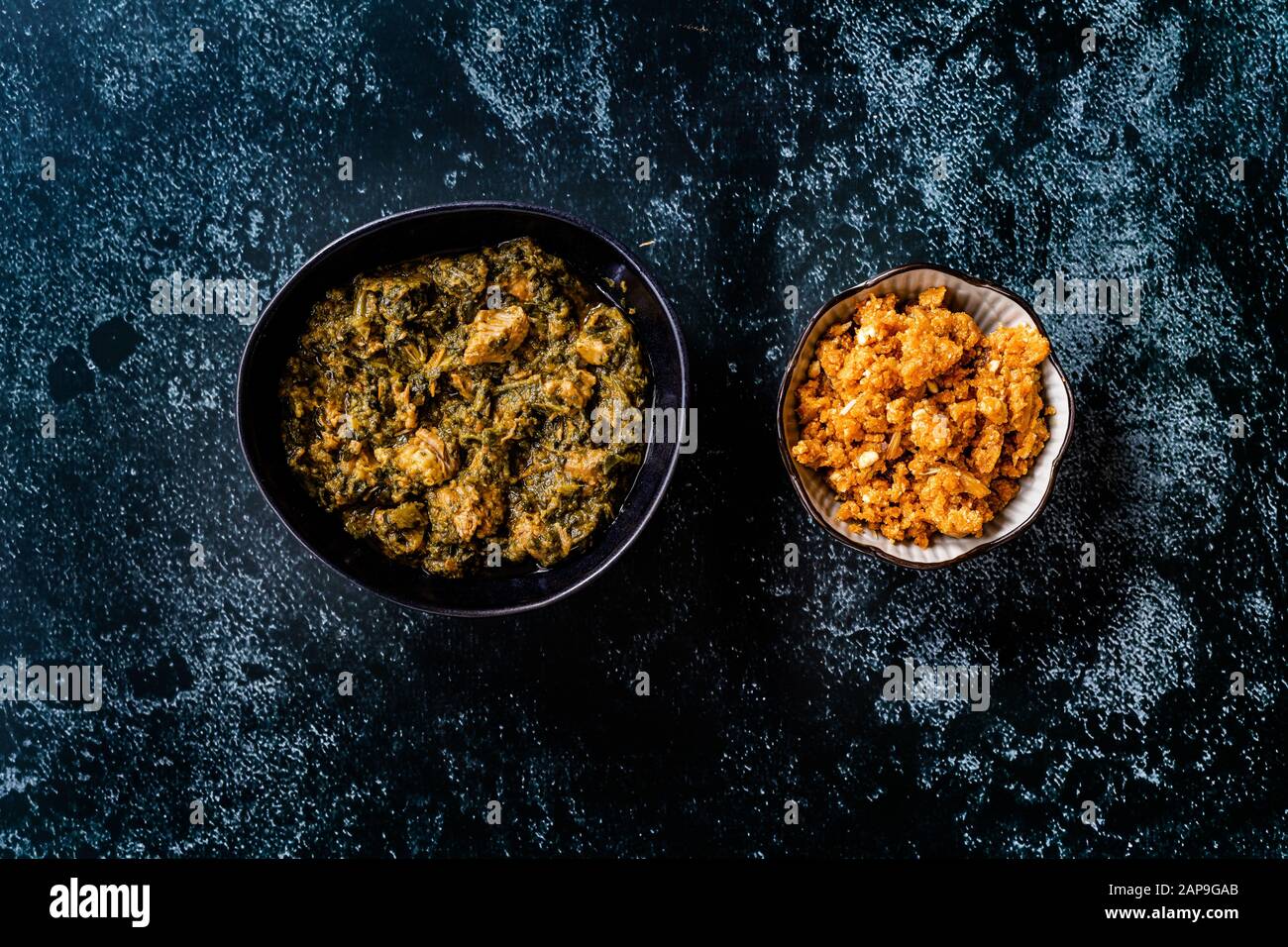 Indian Dish Spinach Lamb Palak with Gajar ka Halwa / Helva is a carrot