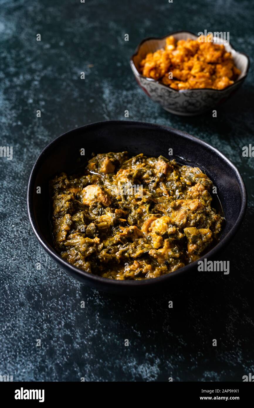 Indian Dish Spinach Lamb Palak with Gajar ka Halwa / Helva is a carrot
