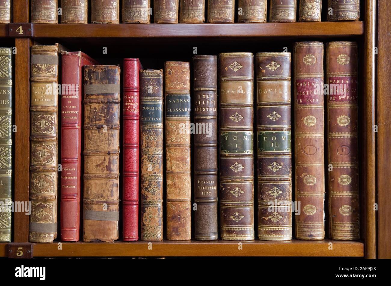 Vertical closeup of the antique books on the bookshelf. Stock