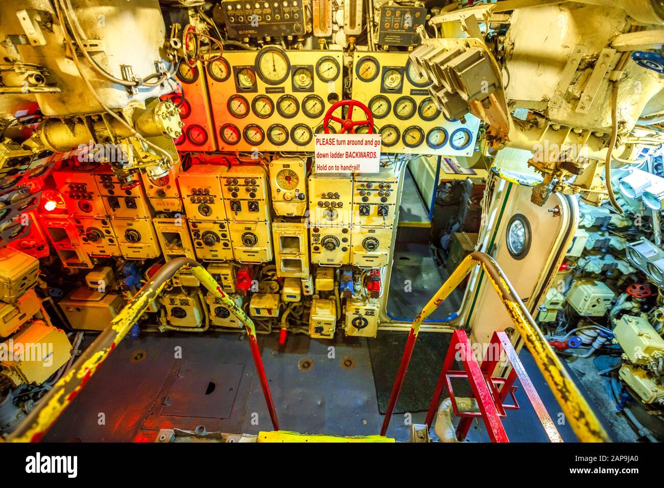 San Diego, Navy Pier, California, USA - August 1, 2018: machine room of CCCP Soviet Submarine B-39 at San Diego. Historic naval vehicle of the URSS Stock Photo