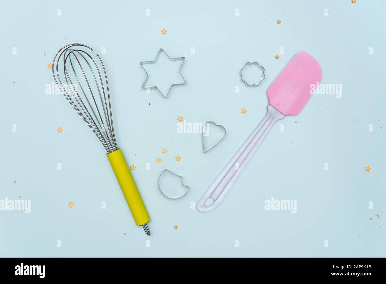 ingredients and tools to make a cake, flour, butter, sugar,eggs. Stock Photo