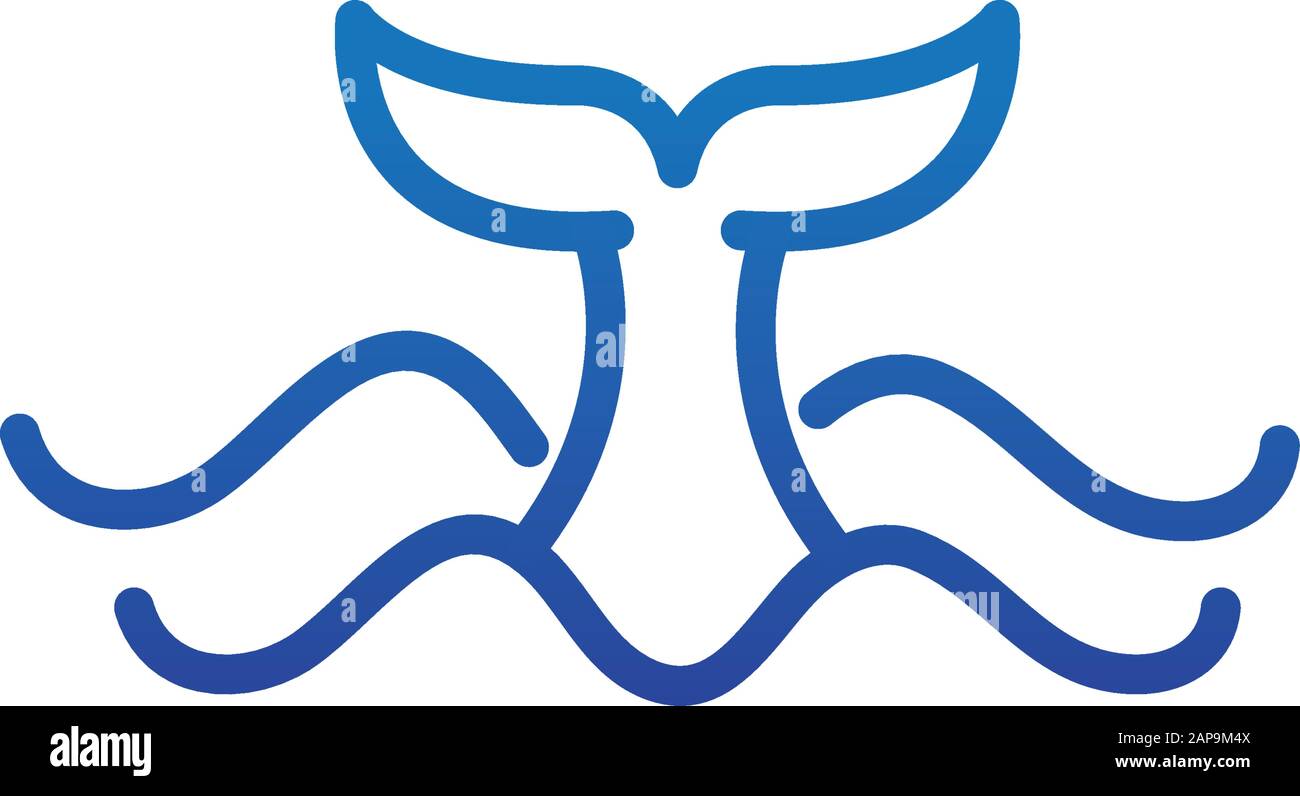 whale tail and sea marine life thick line blue vector illustration ...