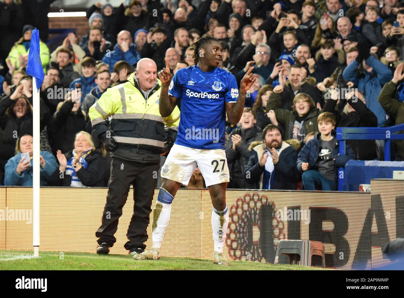 21st January 2020, Goodison Park, Liverpool, England; Premier League, Everton v Newcastle United : Moise Kean (27) of Everton celebrates his goal with a dance in front of the home supporters Stock Photo