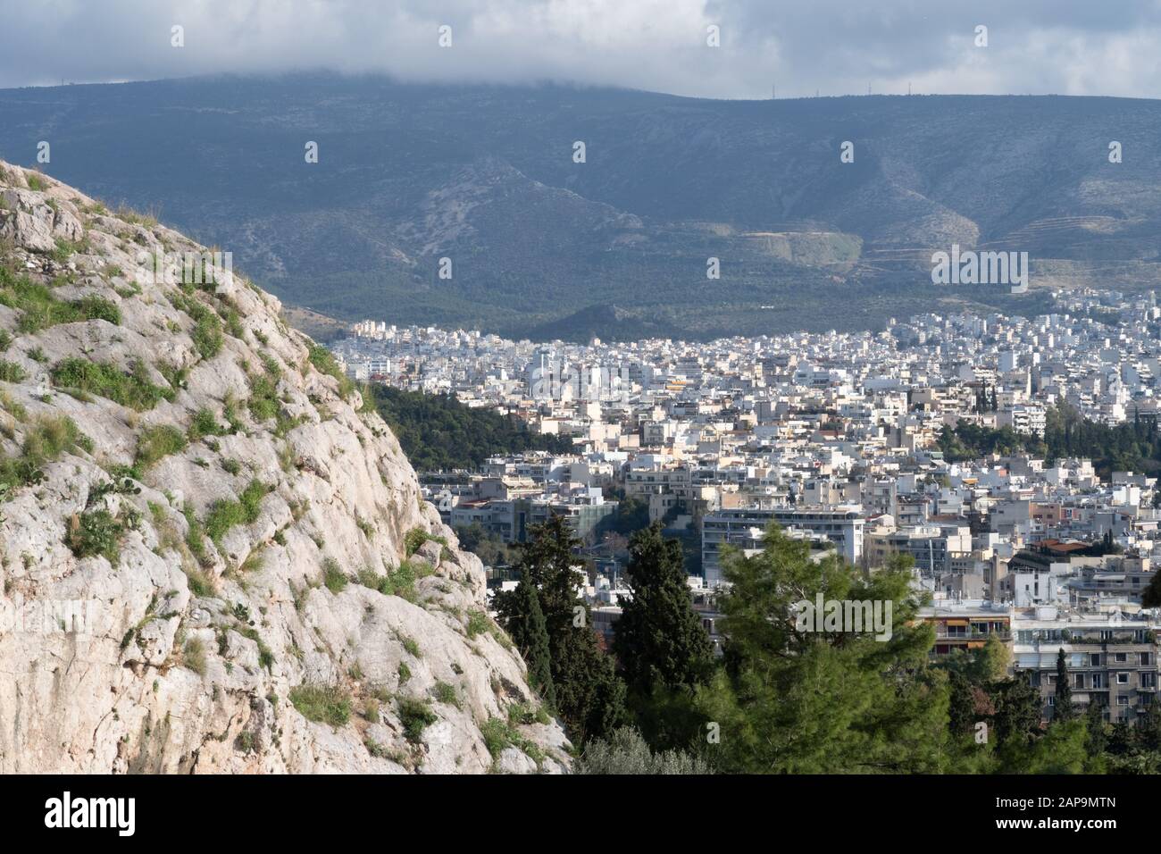 Athens, Greece - Dec 20, 2019: Athens, view to the south from the Acropolis, Athens, Greece Stock Photo
