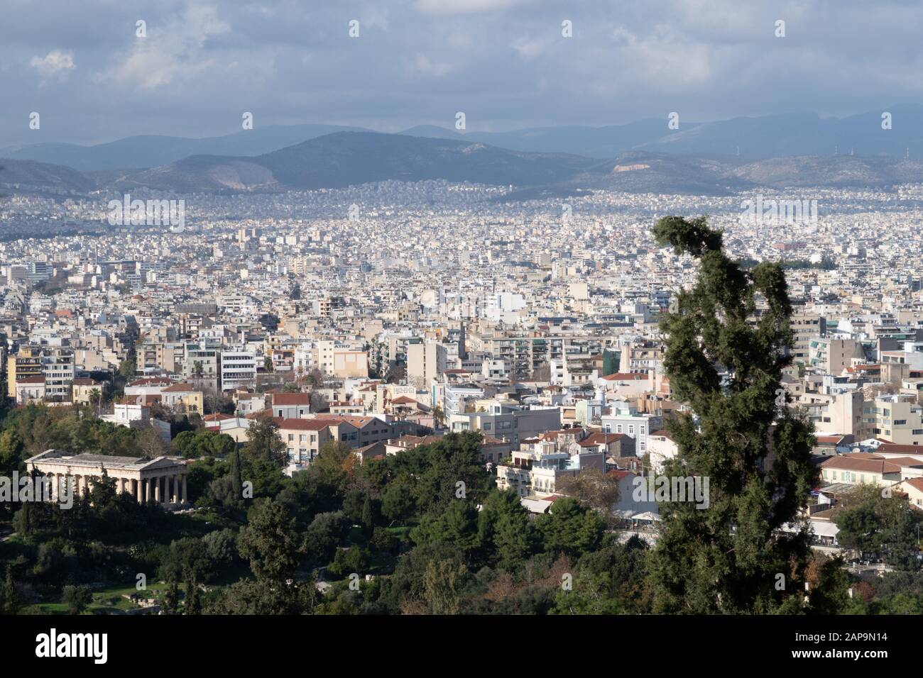 Athens, Greece - Dec 20, 2019: Athens, view to the south from the Acropolis, Athens, Greece Stock Photo