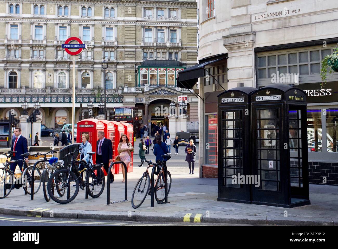 Red & Black Telephone boxes, London, England. Stock Photo