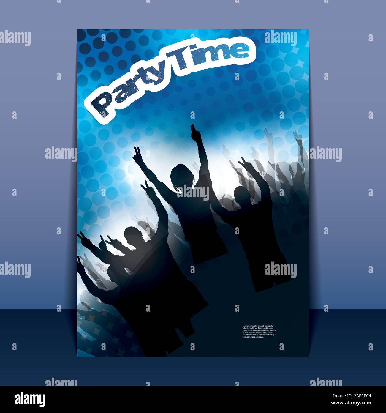Flyer or Cover Design - Party Time - Poster with Spotted Background  with Dancing Crowd, People in the Dark, Silhouettes with Waving Hands Vector Stock Vector