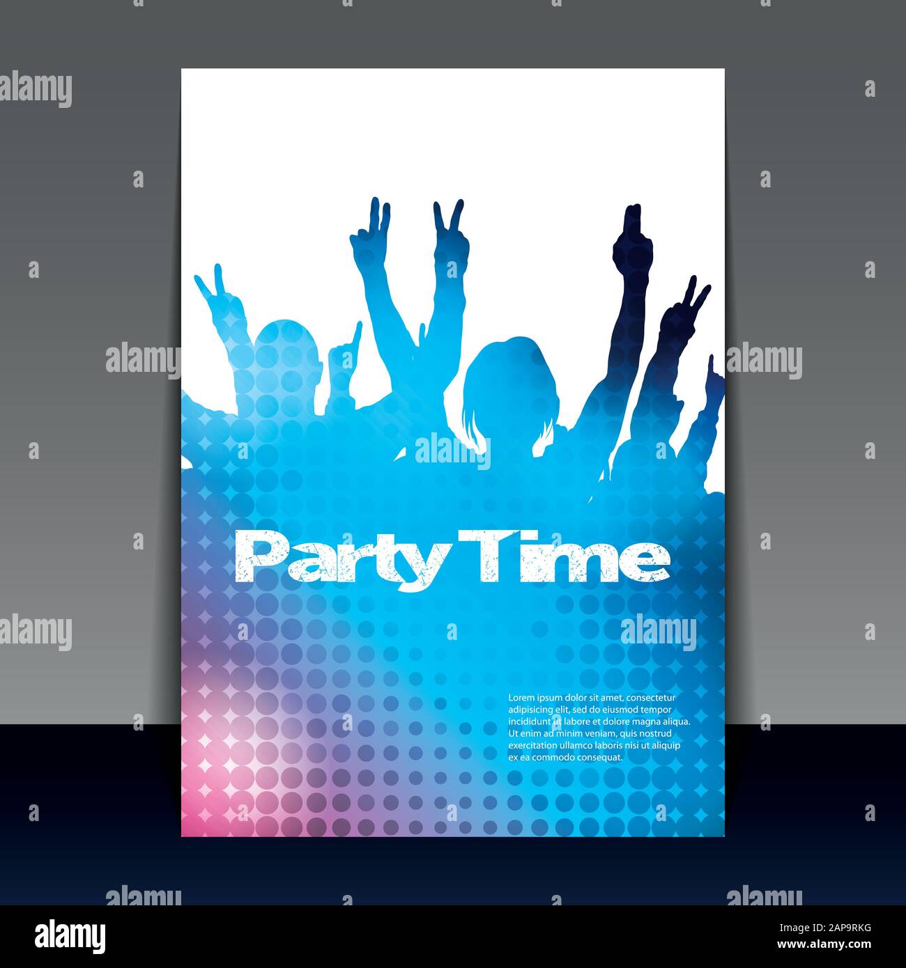 Colorful Party Flyer, Background or Book Cover with Bright Light, Dancing Disco Crowd, People in the Dark, Silhouettes with Waving Hands, Vector Stock Vector