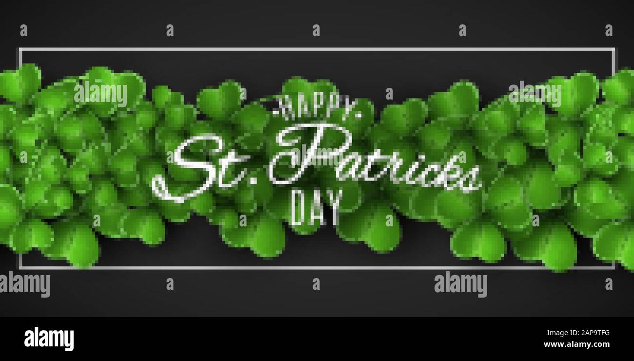 Banner for Saint Patrick's day. Green clovers on a dark background. Stylish lettering in a frame. Festive cover for your design. Vector illustration. Stock Vector