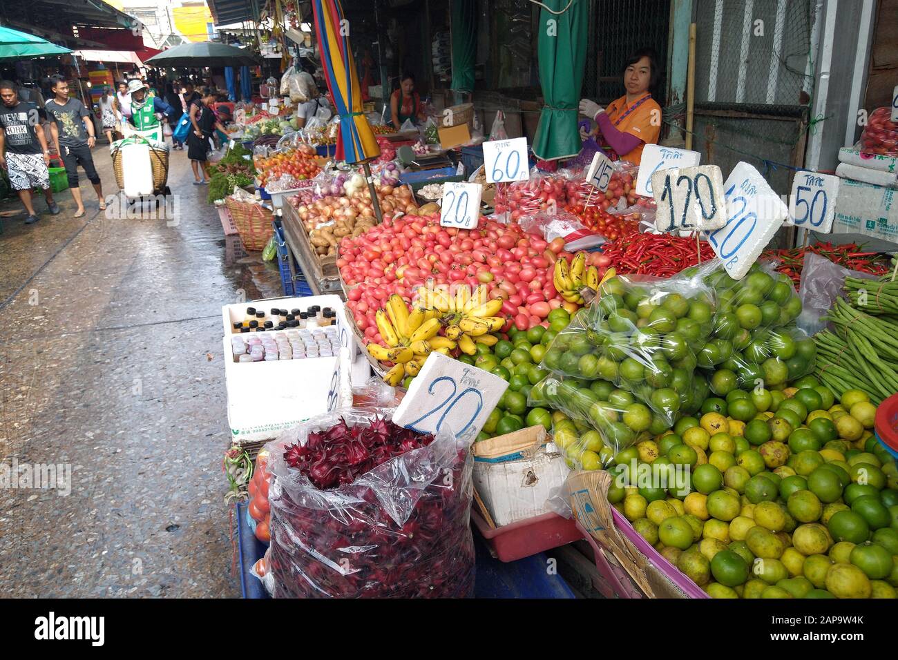 Bangkok, Thailand - December 26, 2019: Fruits and vegetables for sale on Khlong Toei Market. Stock Photo