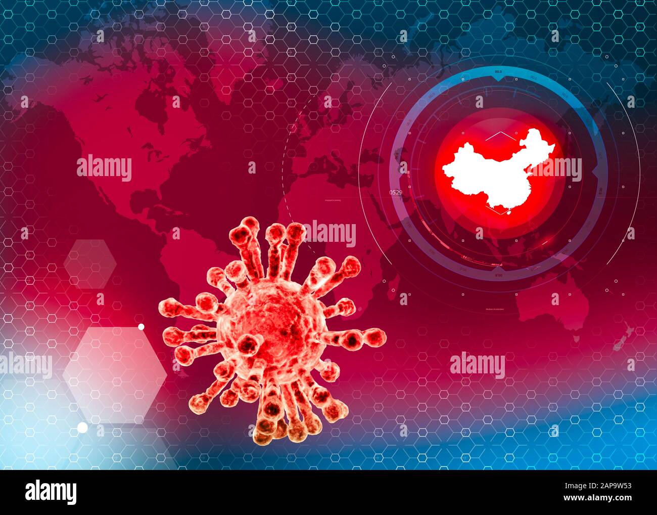 Microscopic view of Coronavirus, a pathogen that attacks the respiratory tract. Analysis and test, experimentation. Sars. Contagion, propagation. Flu. Stock Photo