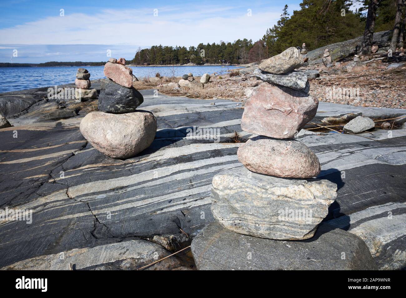 Peaceful summer landscape by the Baltic Sea in Kasnas, Kemio, Finland. Wide angle shot of the rocks on the seashore in the Finnish archipelago. Stock Photo