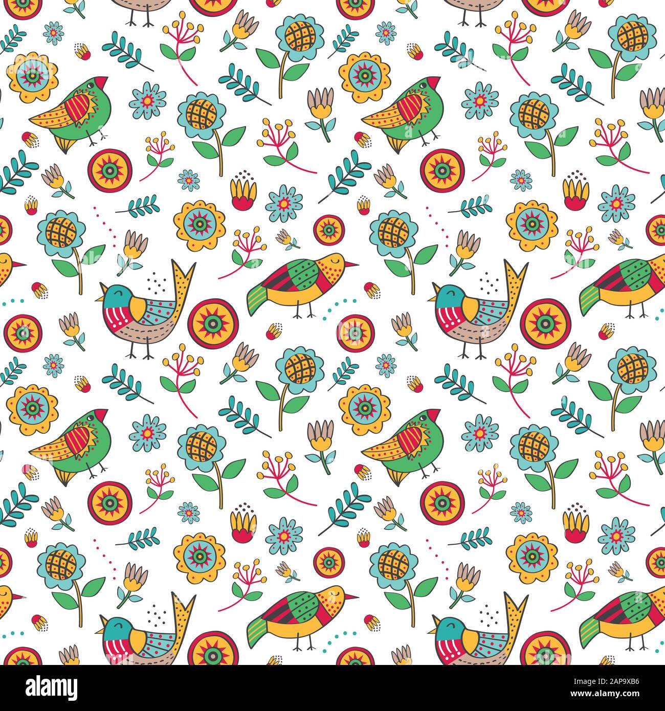Seamless pattern with colorful bird and plant concept in the white backdrop. Stock Vector