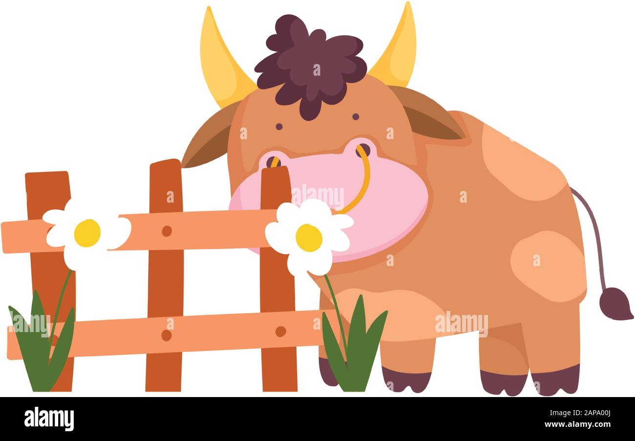 bull fence flowers plants farm animal cartoon vector illustration Stock ...