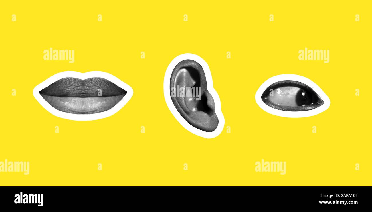 Collage In Magazine Style On Bright Yellow Background Female Lips