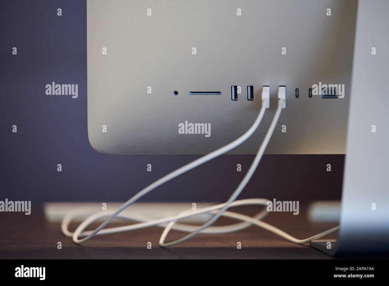USB ports in desktop computer. USB cable plugged in port. Modern ...