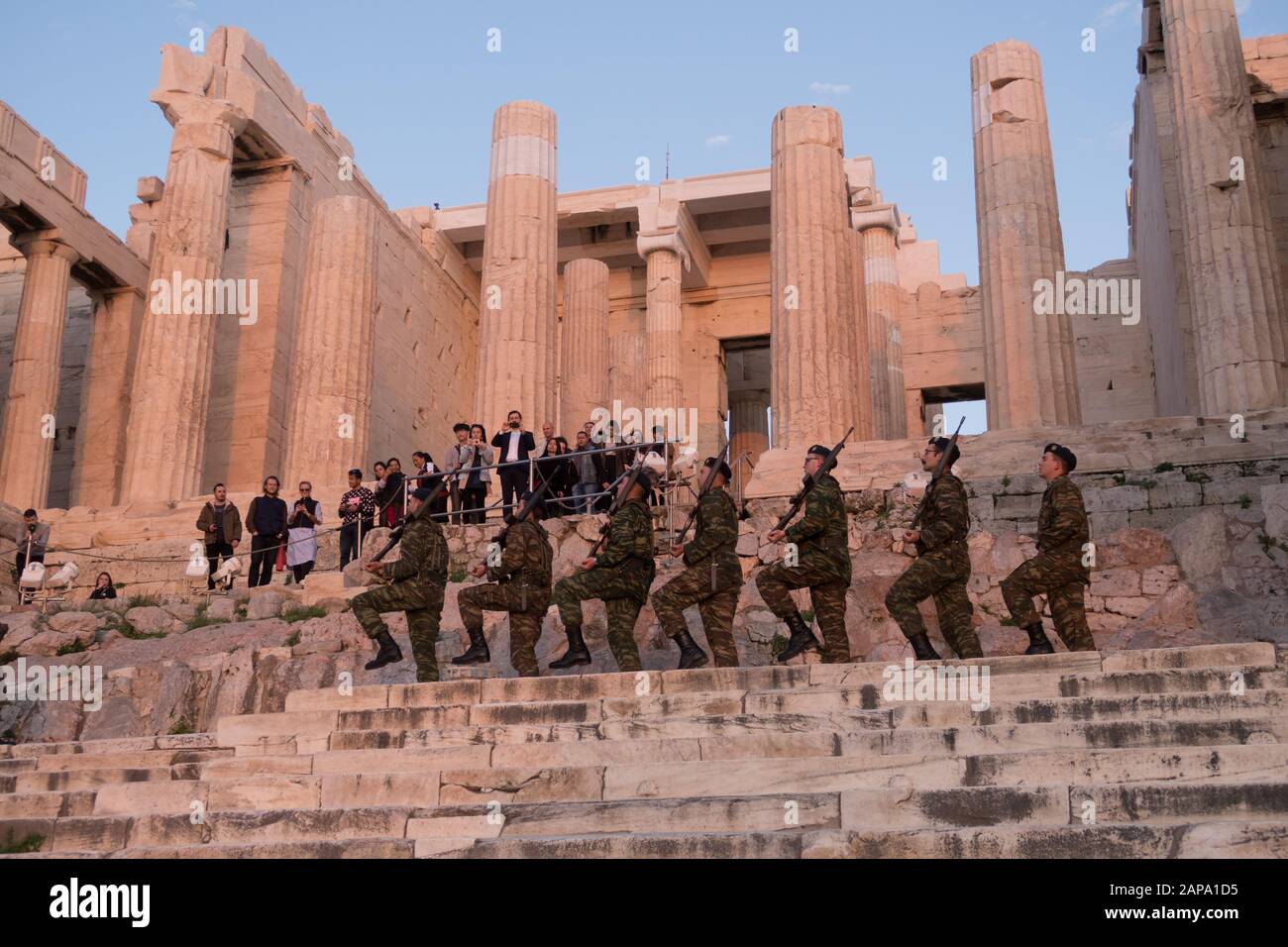 Athens, Greece - Dec 20, 2019: Greek soldiers march in formation while on  patrol at the Acropolis of Athens. Soldiers go to Acropolis to lower a Gree  Stock Photo - Alamy