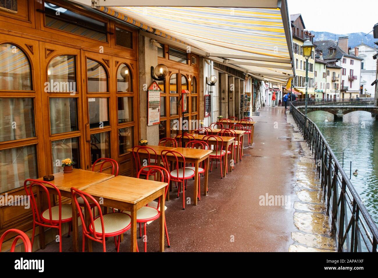 Empty street cafe on a rainy day Stock Photo