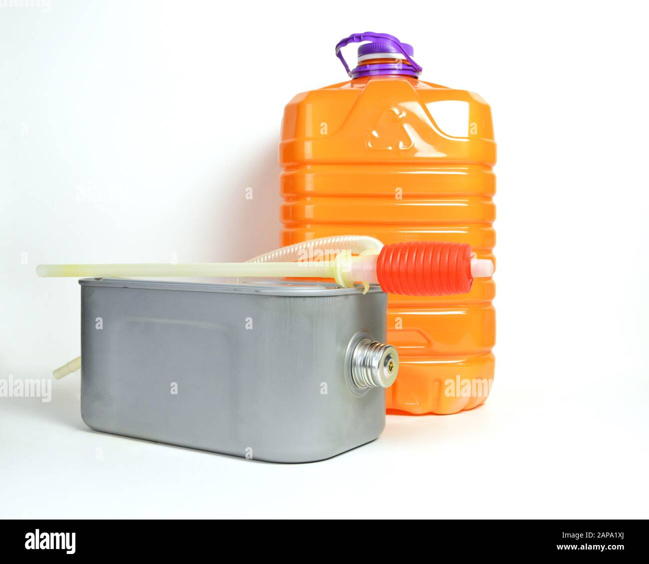 a tank with a can of kerozene for a kerosene heater Stock Photo