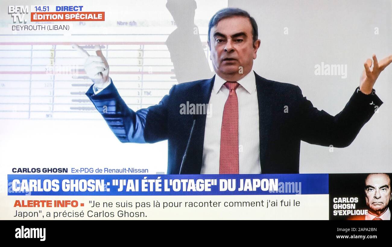 CARLOS GHOSN, NISSAN EX BOSS GIVES A PRESS CONFERENCE IN BEIRUT, LEBANON Stock Photo