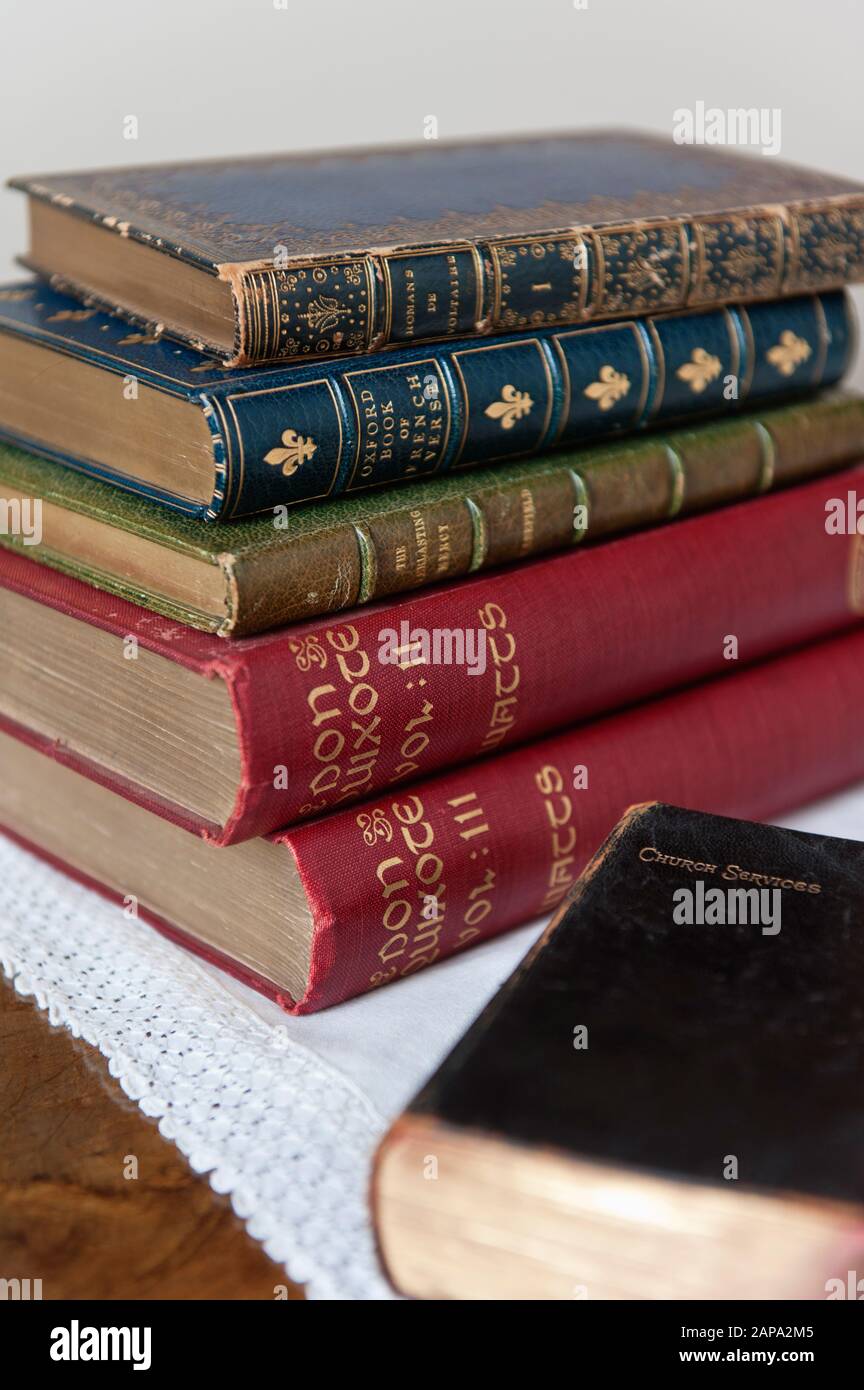 Books on the bedside cabinet in the South Bedroom, The Vyne, Hampshire. Stock Photo