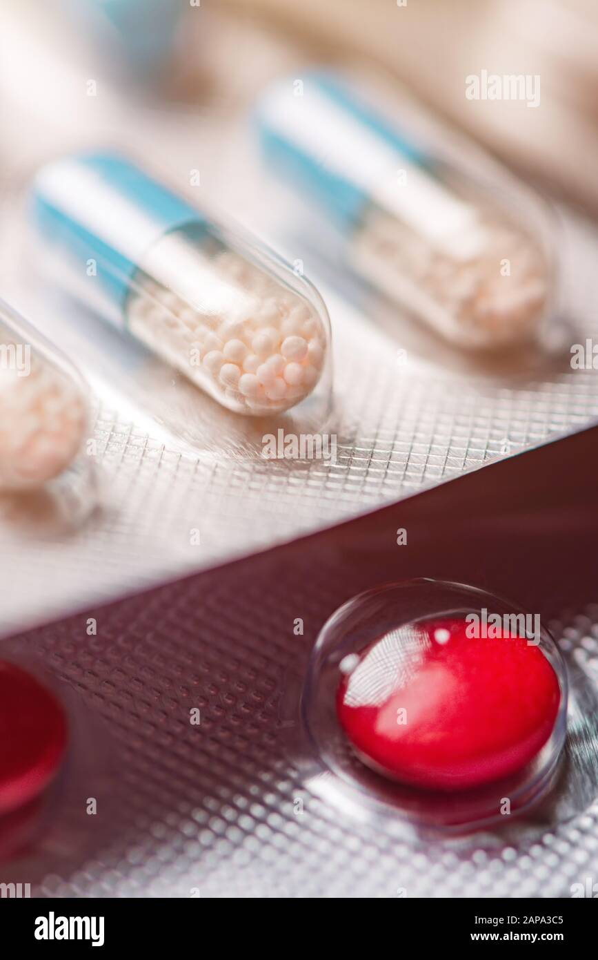 Pills and tablets macro, pharmacy and healthcare industry, selective focus Stock Photo