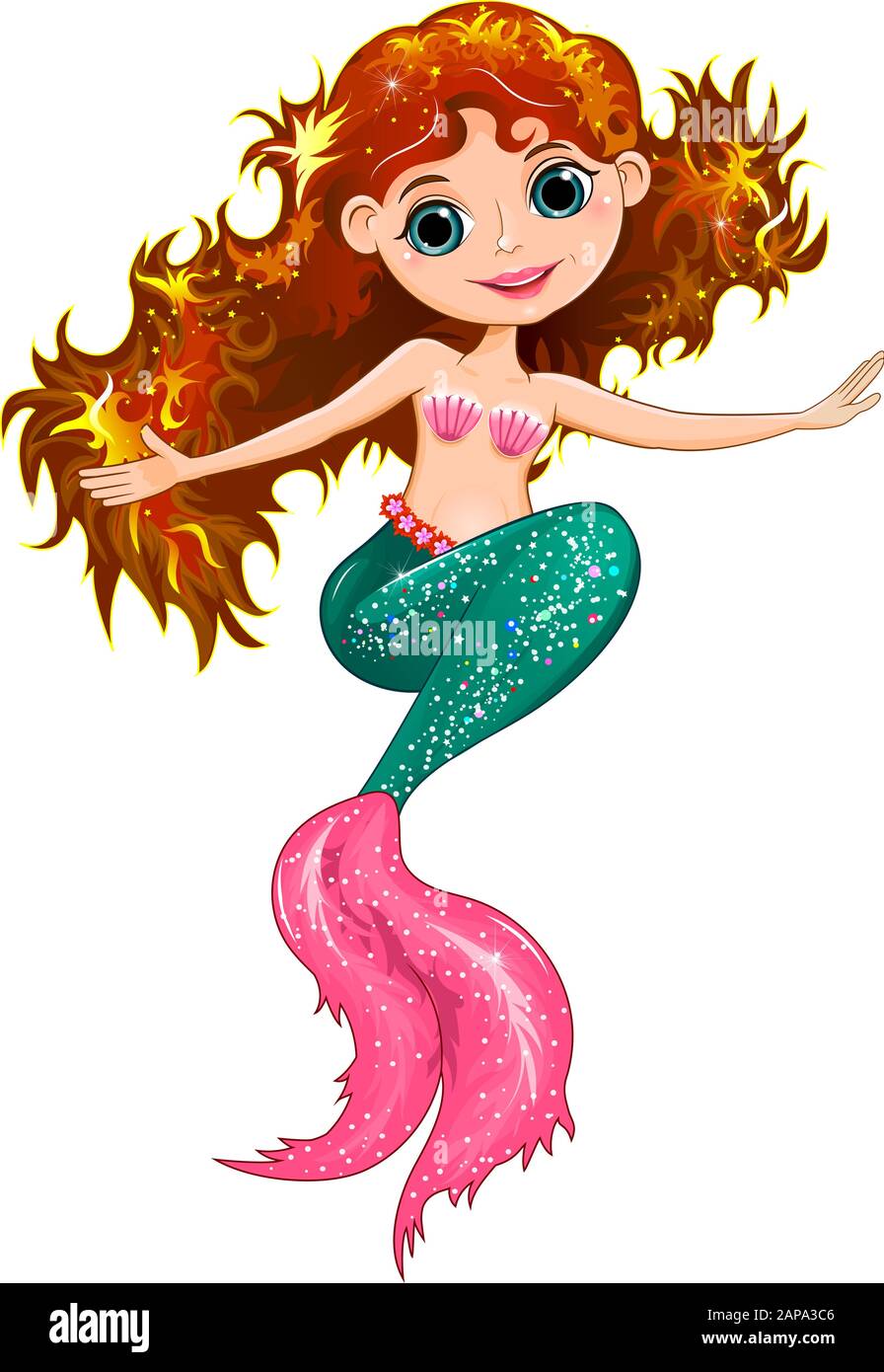 Little beautiful mermaid with red hair on a white background. Stock Vector