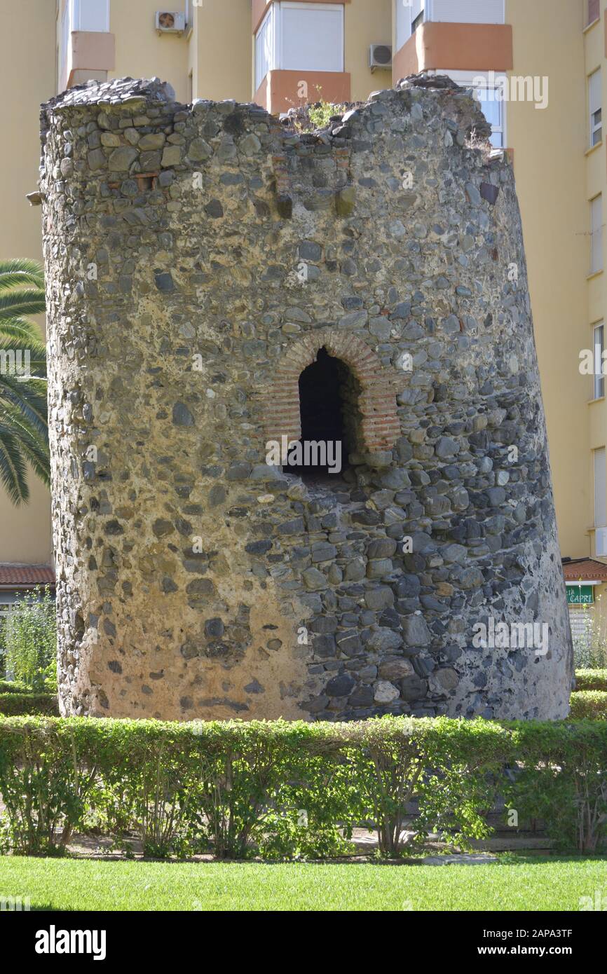Ladeada tilted sentinel tower in Algarrobo Costa , Malaga, Spain Stock Photo
