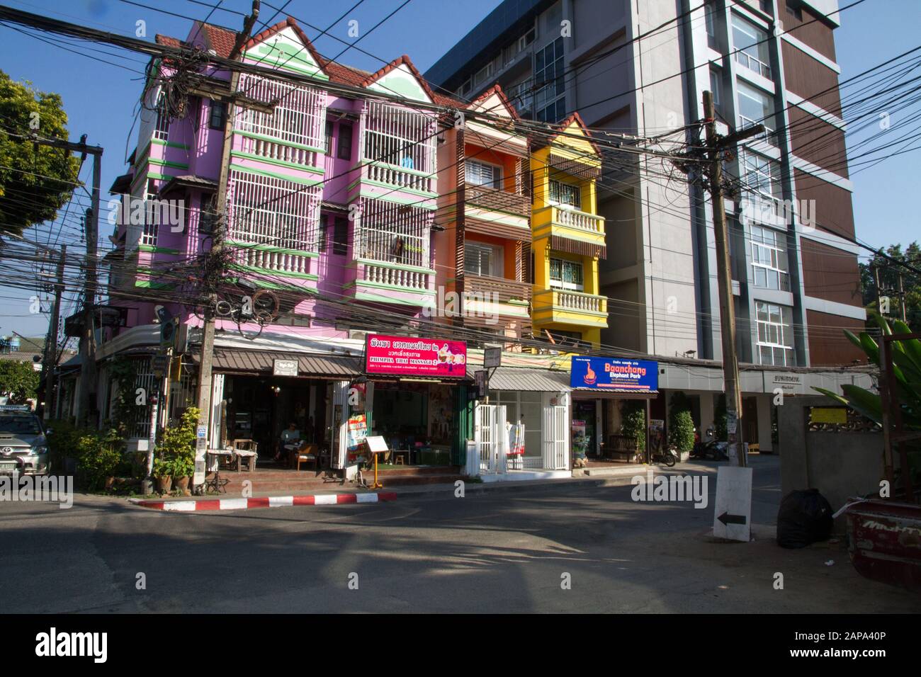 Colorful edifice facade in street Chiang Mai Thailand Thai Asia asians asiatic travels Stock Photo