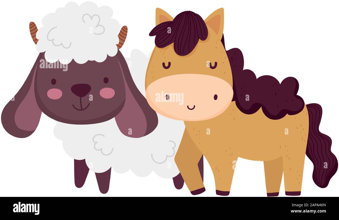horse and sheep field trees sky sun clouds farm animal cartoon vector ...