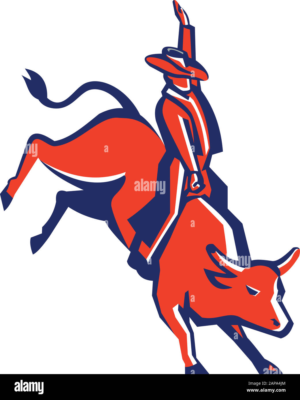 Retro style illustration of rodeo cowboy bull rider riding a red bull