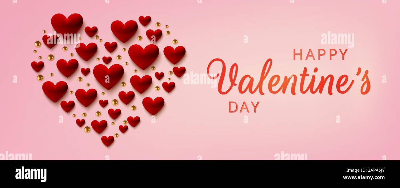 Happy Valentines Day greeting card. Realistic red 3d hearts on pink ...