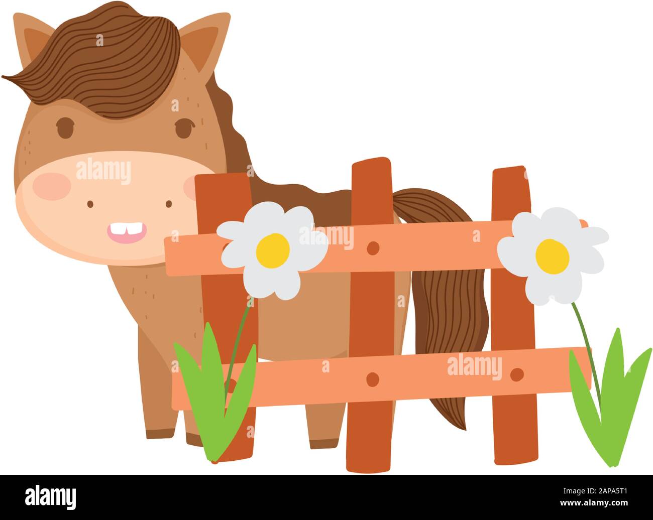 cute horse fence and flowers farm animal cartoon vector illustration ...