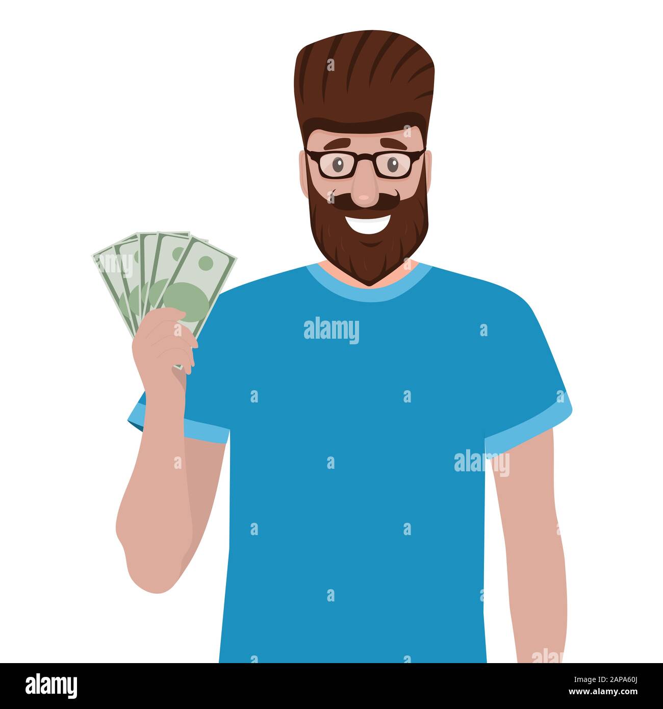 Man holds money in his hands and enjoys his salary. Cartoon vector illustration, flat design Stock Vector