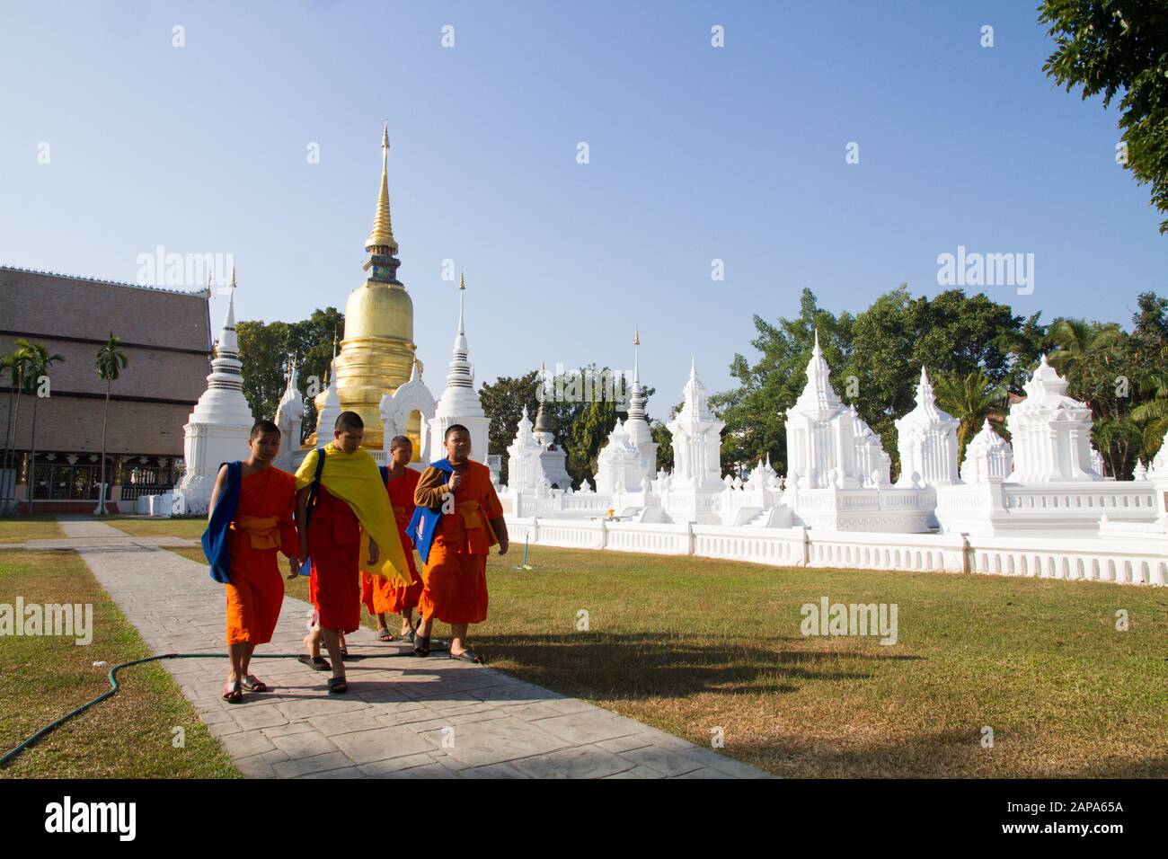Buddhist monks walking Wat Suandok temple Chiang Mai Thailand Asia asian Stock Photo
