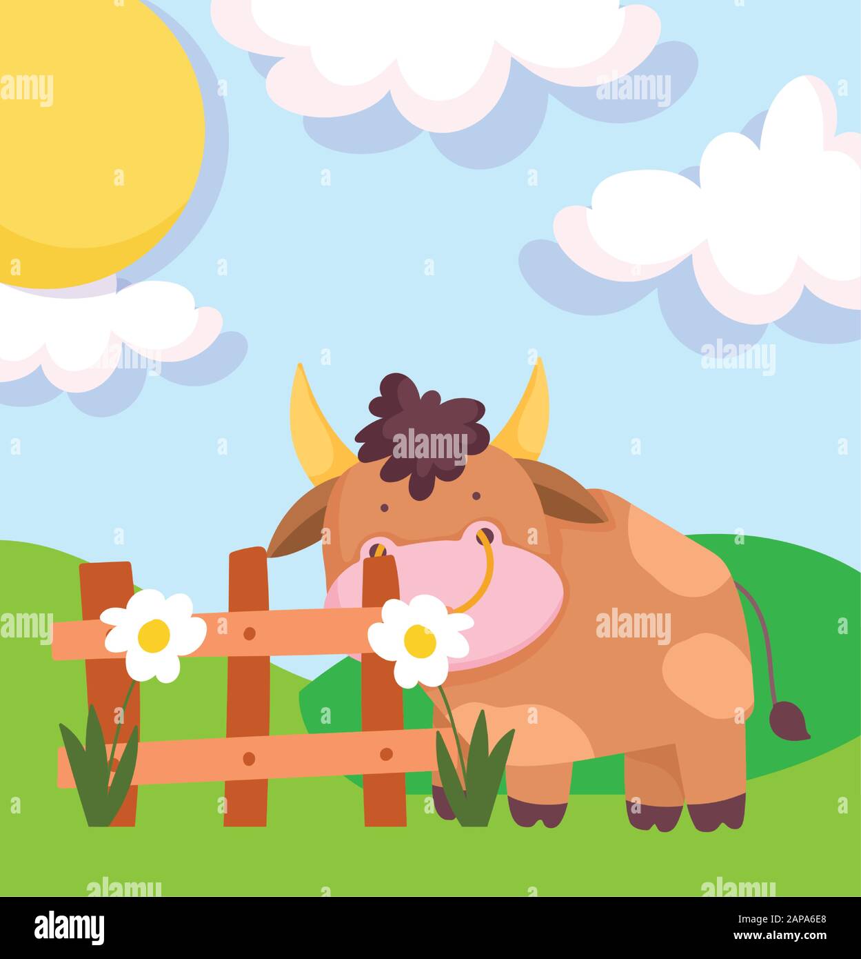 bull flower wooden fence sun farm animal cartoon vector illustration ...