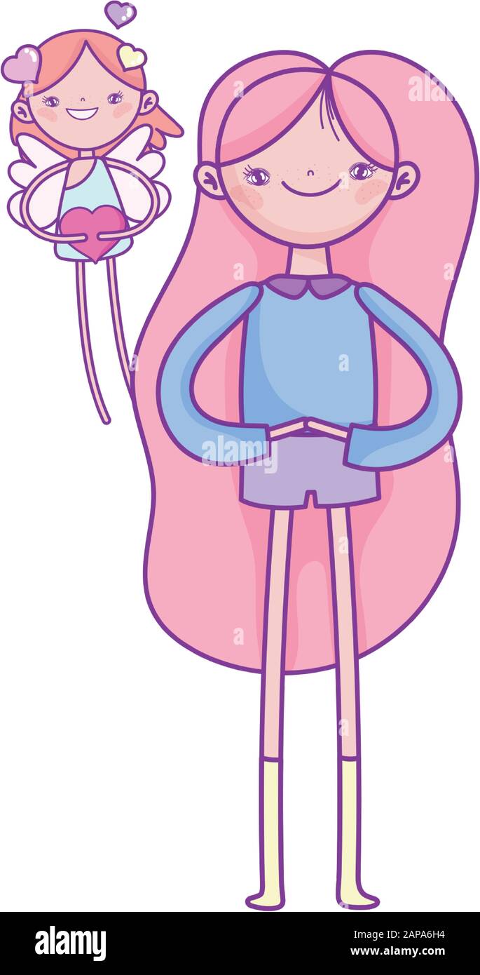 happy valentines day, cute girl and flying cupid hearts love feeling ...