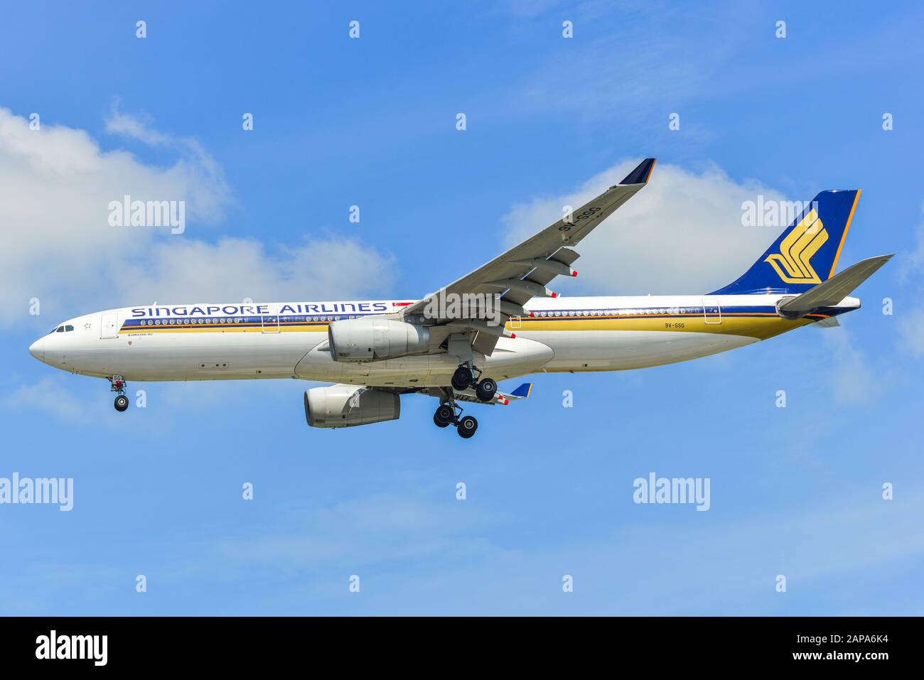 Singapore - Mar 27, 2019. Singapore Airlines 9V-SSG (Airbus A330-300) landing at Changi Airport (SIN). Changi serves more than 100 airlines flying to Stock Photo