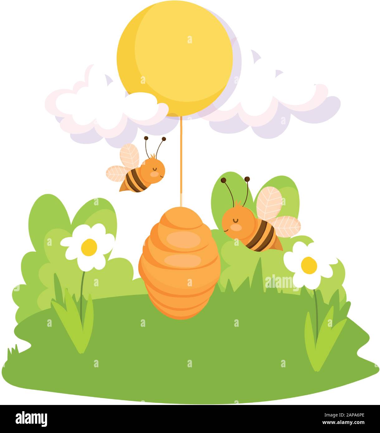 flying bees honeycomb hive sun flowers grass farm design vector ...