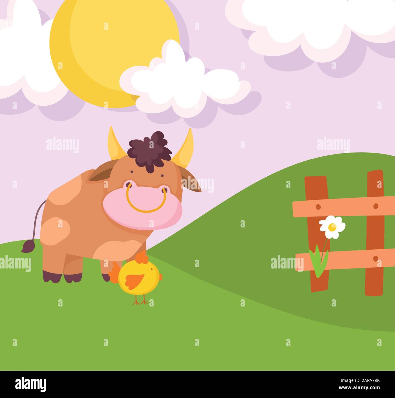 bull and chicken wooden fence flower hills sun farm animal cartoon ...