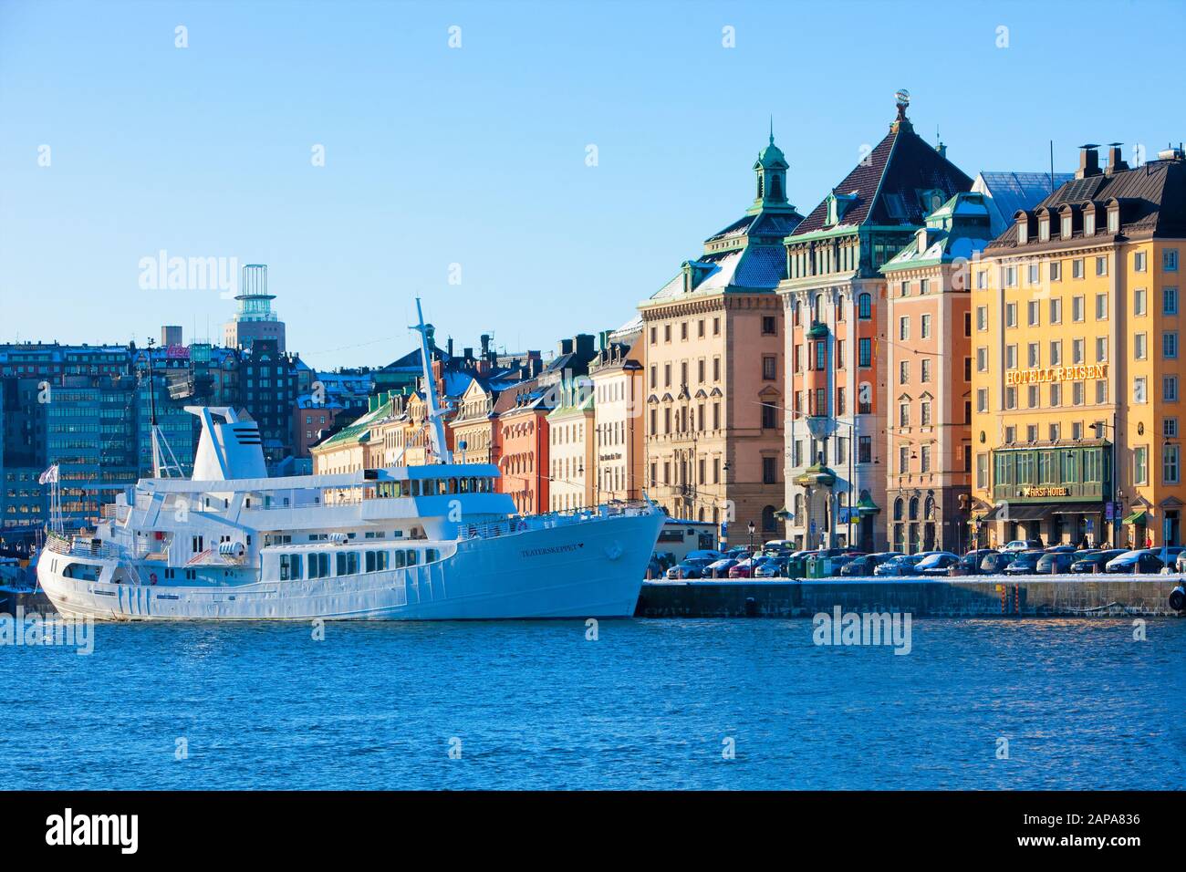 Sweden, Stockholm, Boats Moored alongside The Old Town. Stock Photo