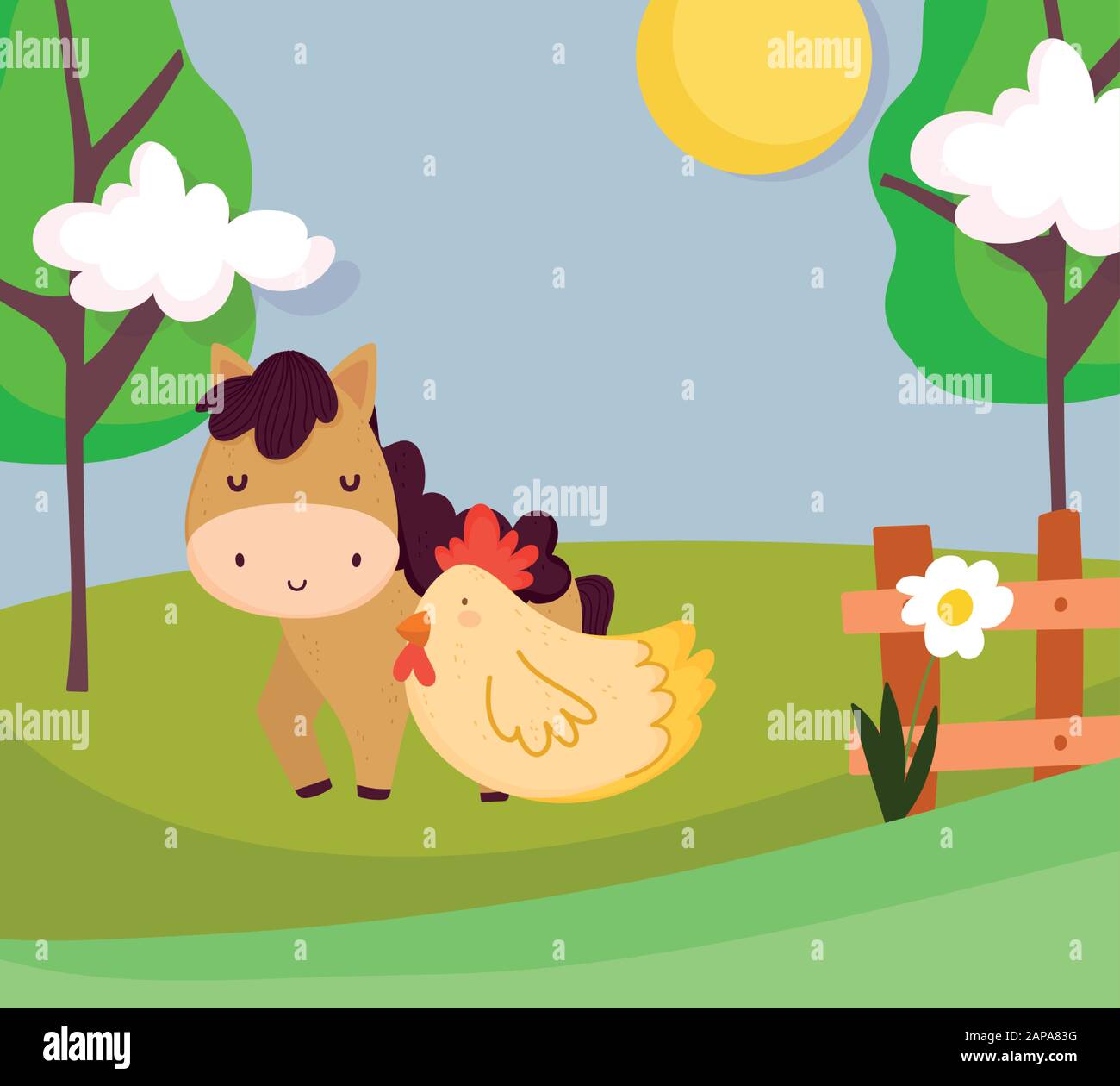 horse and hen wooden fence flowers trees farm animal cartoon vector  illustration Stock Vector Image & Art - Alamy