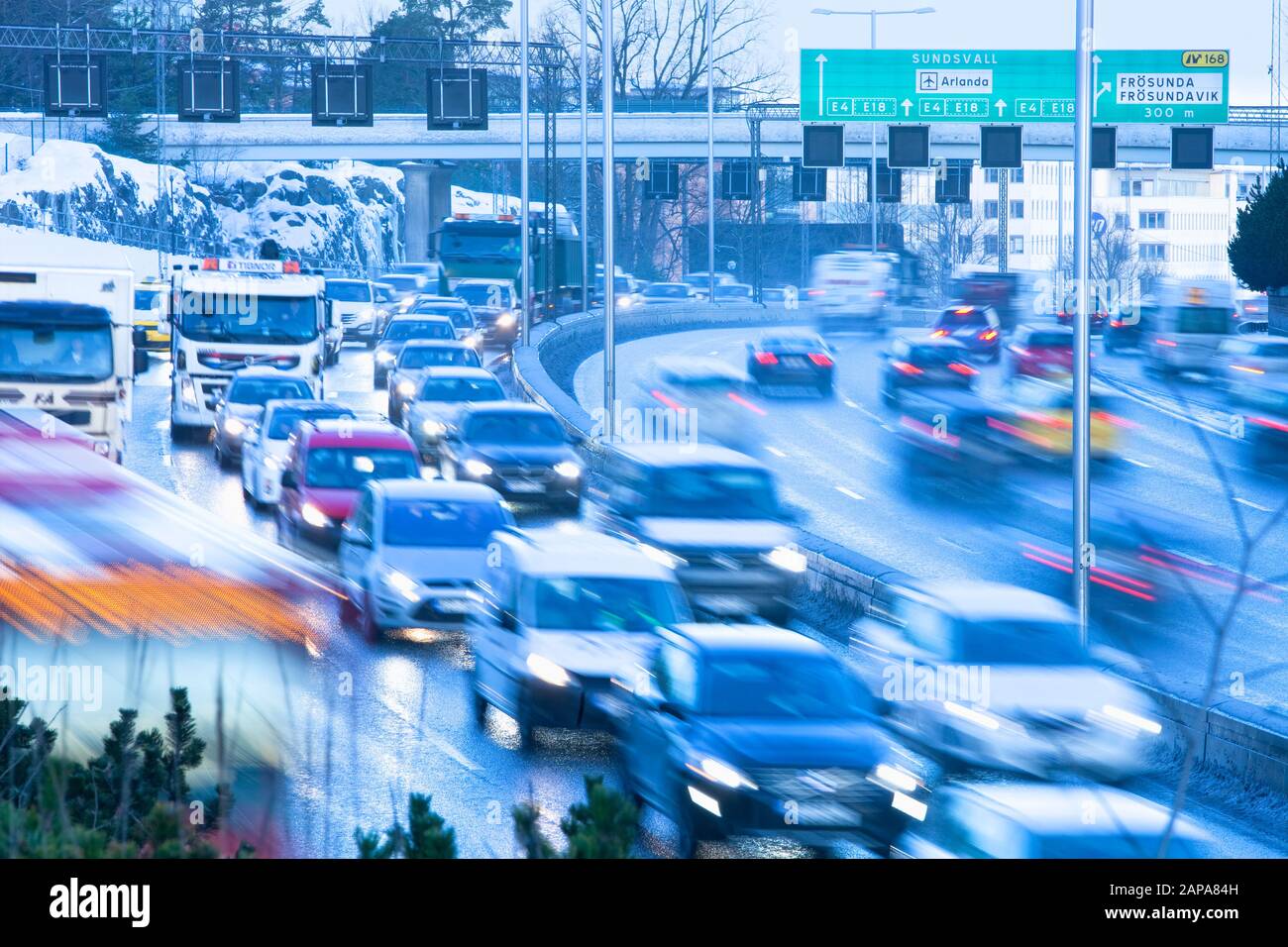 Sweden, Stockholm - Traffic into City during Rush Hour at Haga Norra Stock Photo