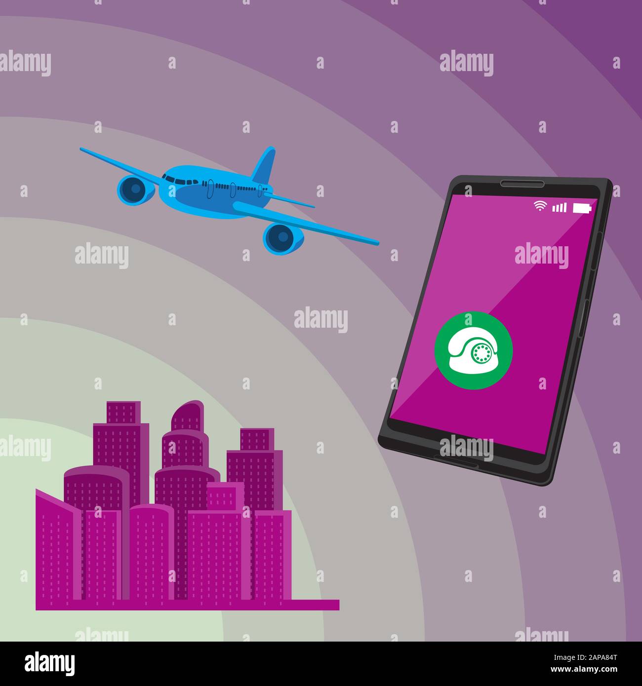 Smartphone airplane city travel icons on isolated background. Vector image. Stock Vector