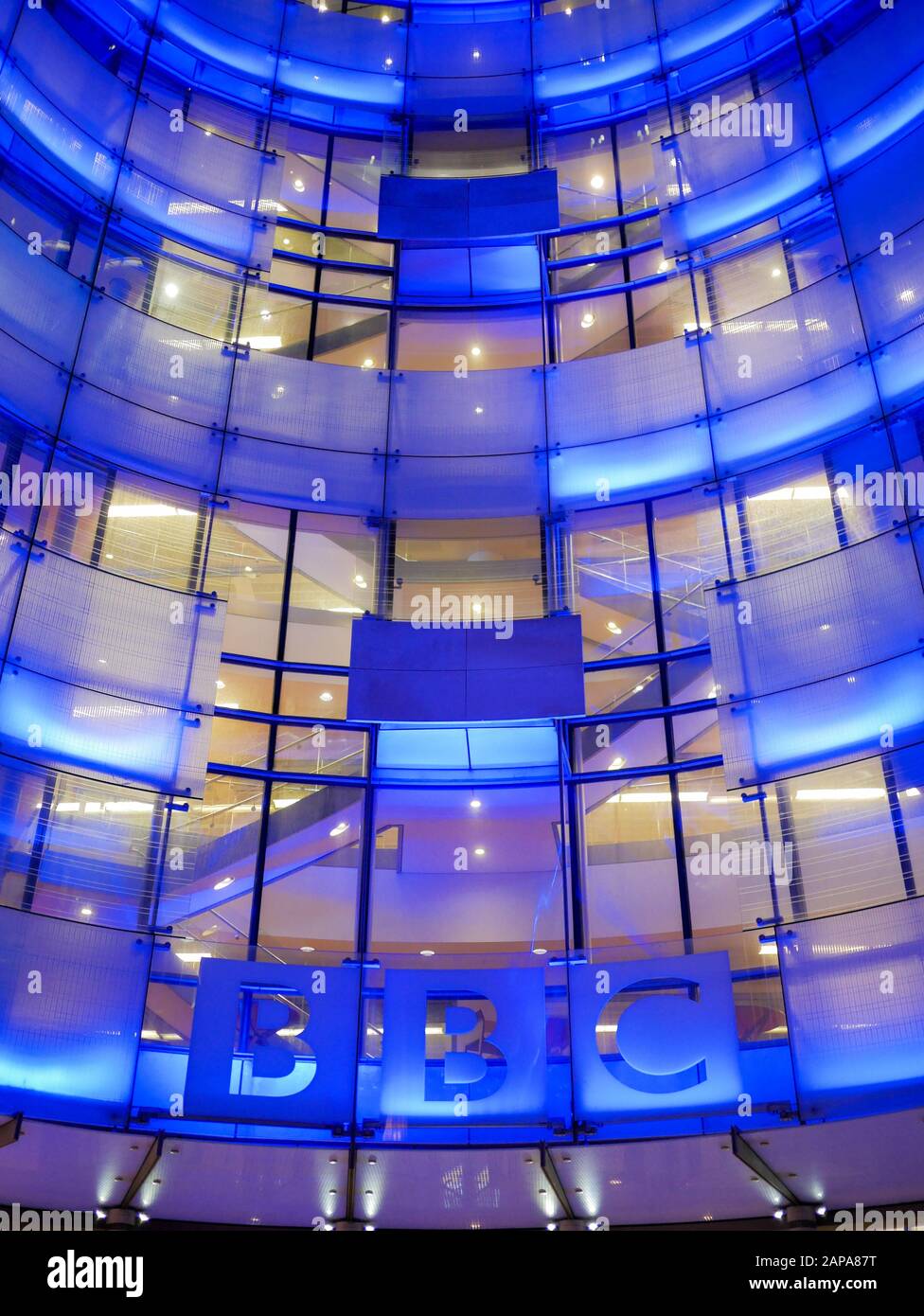 BBC Broadcasting House. A low-angle view of the façade to the headquarters of the BBC in central London. Stock Photo