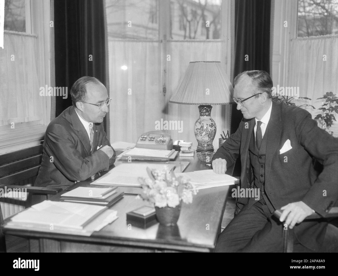 The cabinet crisis, cabinet formateur mr. Cals and Minister of Finance H.J. Witteveen Date: March 17, 1965 Location: The Hague, Zuid-Holland Keywords: cabinet formateurs, ministers, politics Stock Photo