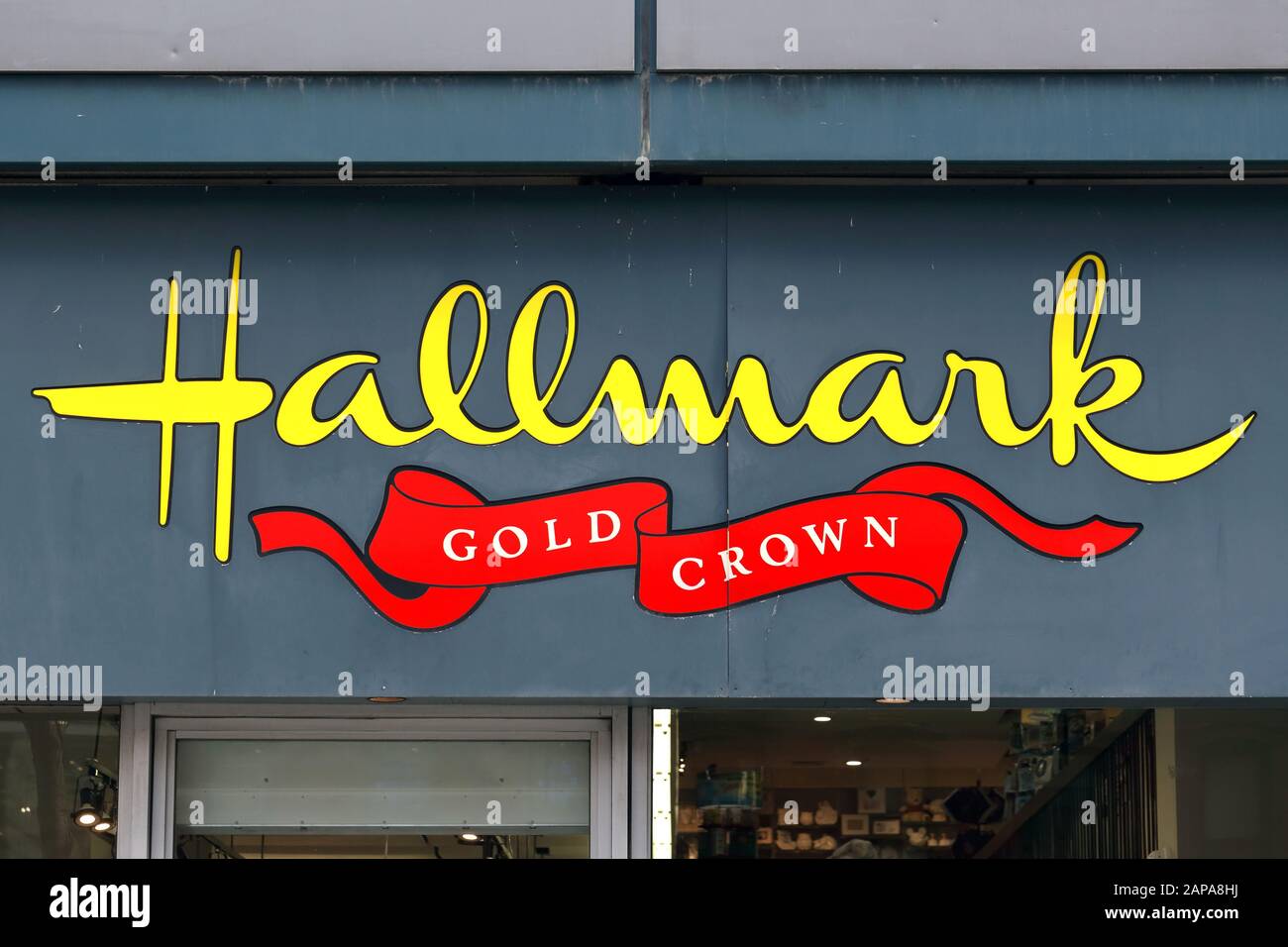 A Hallmark Gold Crown logo on a stationary store in Manhattan, New York, NY Stock Photo
